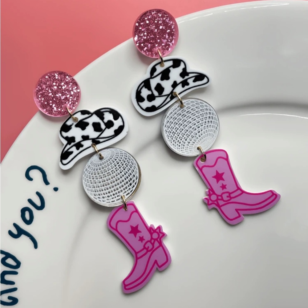 🤠NEW Pink & Black Cowgirl Hat & Boots Earrings🤠